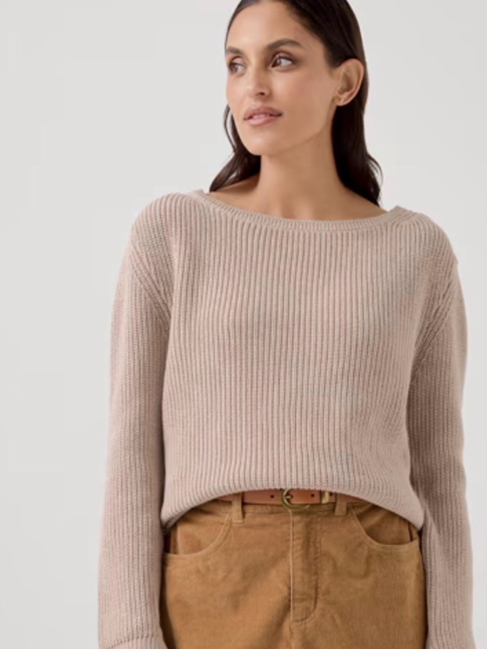 Pact Organic Cotton Luxe Knit Boatneck Sweater S Beige Tan Shaker Rib Pullover